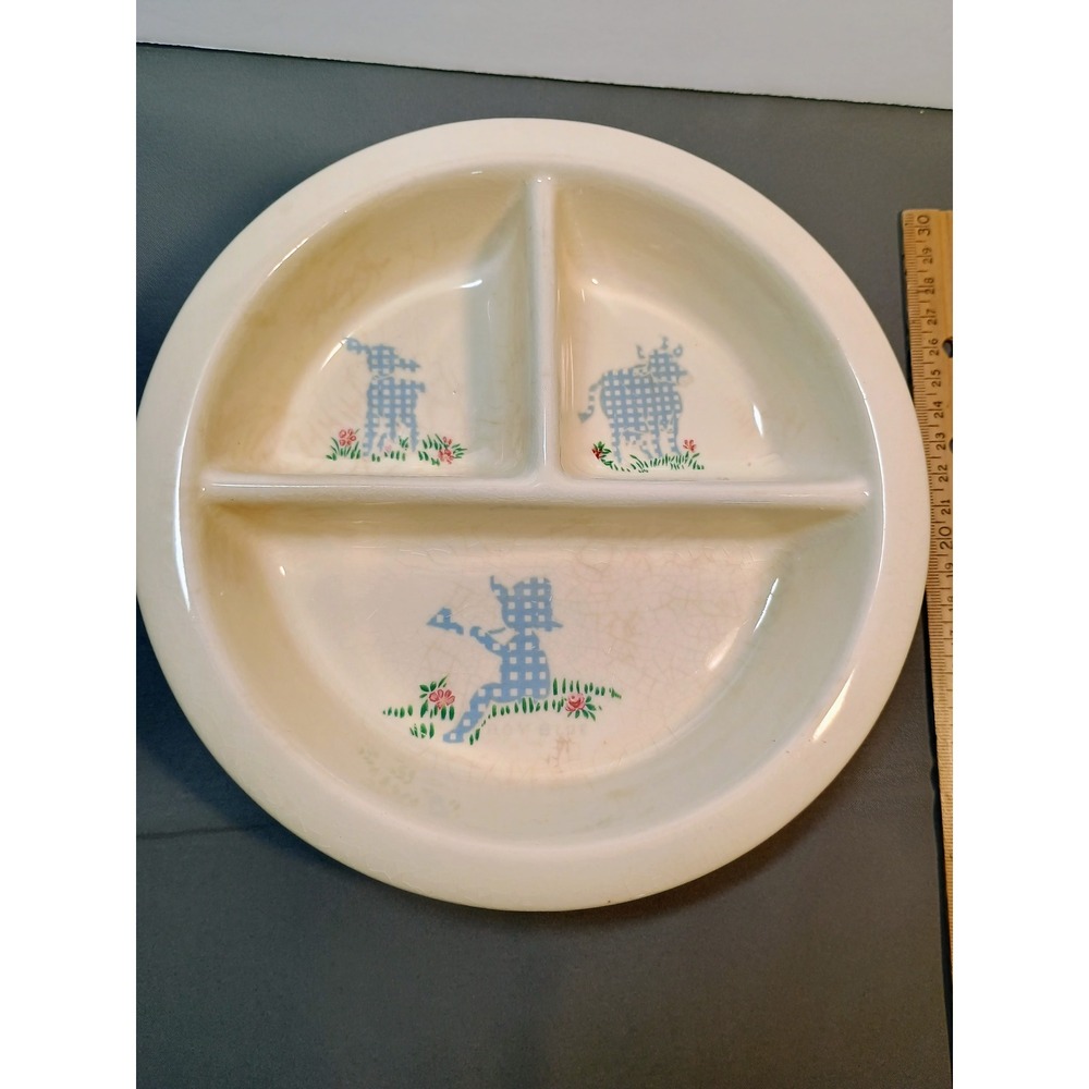 Vintage Little Boy Blue Ceramic Divided Baby Plate‎ Blue Gingham 8 Inch